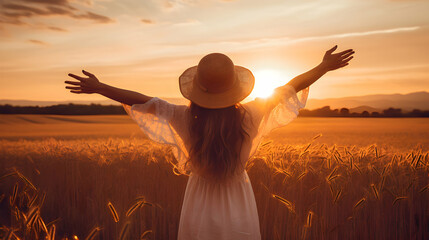 Happy woman feeling free on the sunset in nature in summer with open arms. Freedom and carefree enjoyment girl enjoying life, success, health, hope and faith concept. Generative AI. - obrazy, fototapety, plakaty