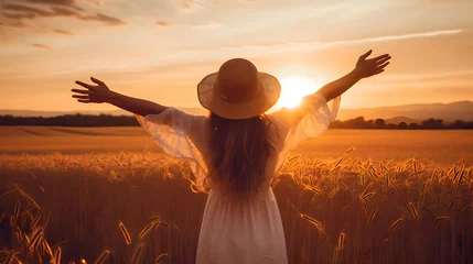 Foto op Canvas Happy woman feeling free on the sunset in nature in summer with open arms. Freedom and carefree enjoyment girl enjoying life, success, health, hope and faith concept. Generative AI. © pawczar