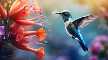 Hummingbird and bright summer tropical flowers on  background of blue foliage in a fairy garden. Macro artistic illustration, colorful wallpaper, generative ai