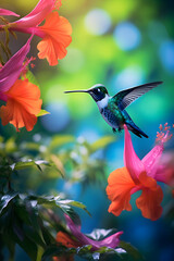 Hummingbird and bright summer tropical flowers on  background of blue foliage in a fairy garden. Macro artistic illustration, colorful wallpaper, generative ai
