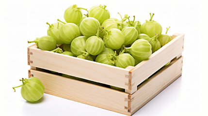 Angled view of a crate of gooseberries fruit