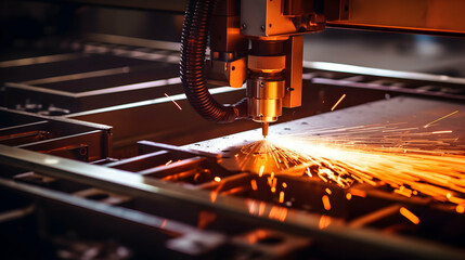 Industrial laser cutting processing manufacture technology of flat sheet metal steel material with sparks, generative ai - obrazy, fototapety, plakaty