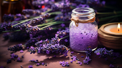 Obraz na płótnie Canvas Lavender spa aromatherapy. Banner with flower salt, candles and freshly picked lavender flowers. Beauty salon composition, Header template, invitation card, generative ai
