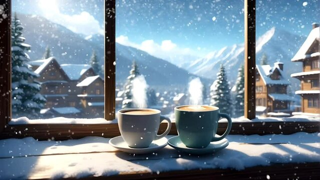 cup of coffee on the window with snowfall in the winter with cartoon or anime style. seamless looping time-lapse virtual 4k video animation background.