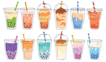 Bubble Tea or Coffee Drinks. Delicious drinks in plastic cups with a tube. Milkshakes with coffee and tea in a cafe. Vector illustration