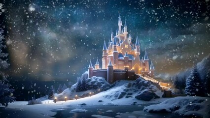 Beautiful Christmas Castle And Falling Snow At Night.seamless looping time-lapse virtual video animation background.