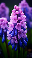 Blooming spring hyacinths flowers plant with rain drops in magical garden, seasonal background, generative ai