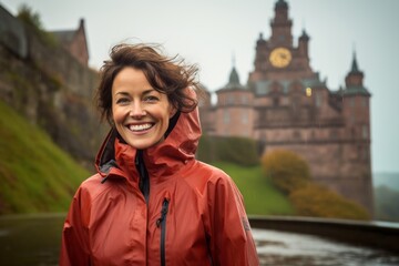 Fototapeta premium Portrait of a cheerful woman in her 40s sporting a waterproof rain jacket against a historic castle backdrop. AI Generation