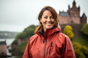 Portrait of a cheerful woman in her 40s sporting a waterproof rain jacket against a historic castle backdrop. AI Generation - Powered by Adobe