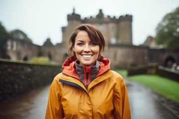 Fototapeta premium Portrait of a cheerful woman in her 40s sporting a waterproof rain jacket against a historic castle backdrop. AI Generation