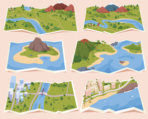Paper map with three-dimensional landscape and buildings. Map with mountainous terrain, river, sea and city. Travel navigation. Vector illustration