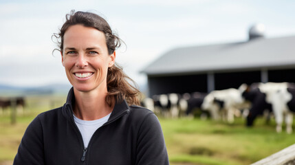 jeune femme agricultrice à la tête d'une exploitation d'élevage de vache laitière
