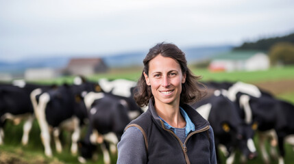 jeune femme agricultrice à la tête d'une exploitation d'élevage de vache laitière - obrazy, fototapety, plakaty