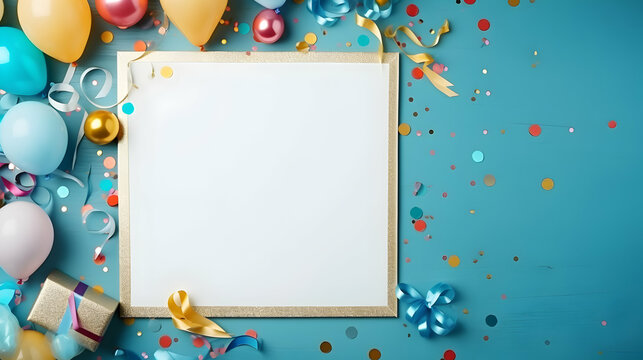 Party or birthday background. Silver frame with colorful balloon, gift box, carnival cap, confetti, candy and streamer on vintage blue table top view. Flat lay style. Holiday mockup. Generative AI.