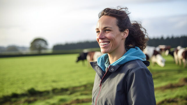 jeune femme agricultrice &agrave; la t&ecirc;te d'une exploitation d'&eacute;levage de vache laiti&egrave;re