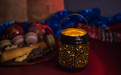 Magic Christmas time illustration. Decoration of warm elements, New Year Candles at home