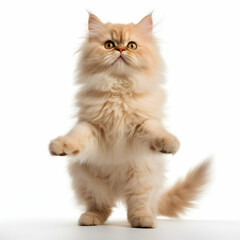 Fototapeta premium Persian cat standing on two legs on white isolated background, generative ai