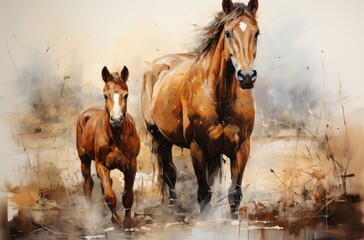 two horses in the morning