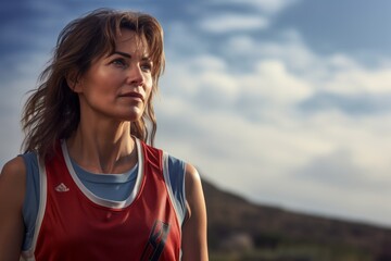 Naklejka premium Portrait of a satisfied woman in her 40s dressed in a high-performance basketball jersey against a quiet countryside landscape. AI Generation