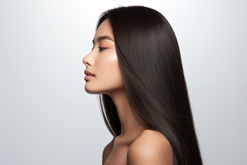 Profile portrait of beautiful brunette asian woman with long and shiny hair on the grey background - obrazy, fototapety, plakaty