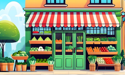 Cute Vegetable Shop View Illustration. 2D.  Generative AI