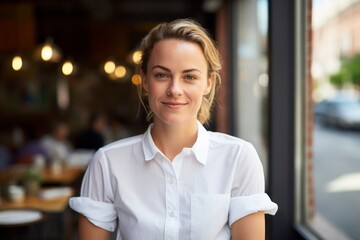 Obraz premium Portrait of a cheerful woman in her 30s wearing a simple cotton shirt against a bustling city cafe. AI Generation