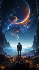 Poster a man in space suit looking at planets and stars © Serghei11