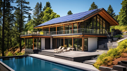 Fototapeta premium Modern Eco-Friendly Home with Solar Panels, Bathed in Natural Light - Showcase of Sustainable Design and Energy Efficiency