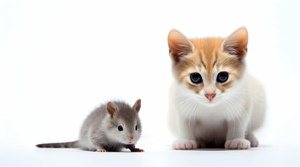 Domestic cat and mouse on white isolated background.
Generative ai.