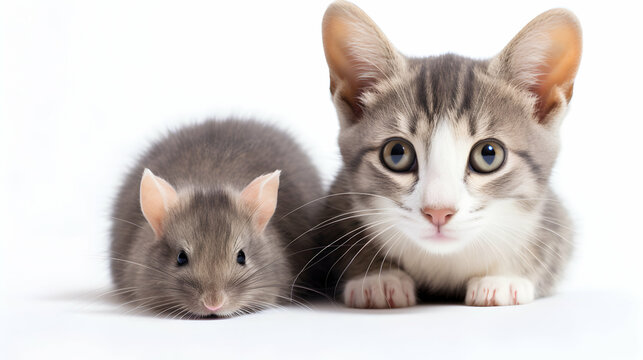 Domestic cat and mouse on white isolated background.
Generative ai.