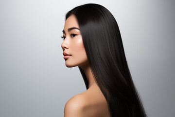 Profile portrait of beautiful brunette asian woman with long and shiny hair on the grey background - obrazy, fototapety, plakaty