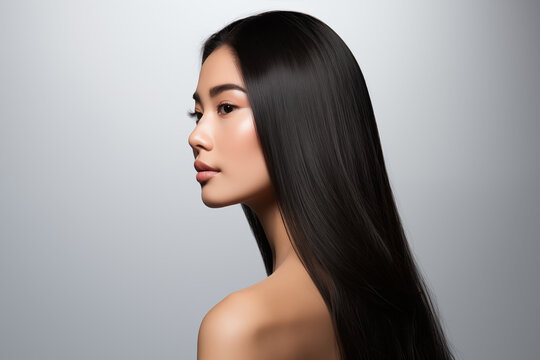 Profile portrait of beautiful brunette asian woman with long and shiny hair on the grey background