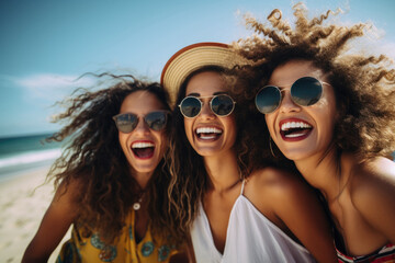 Happy multiethnic group of smiling female friends - women laughing and having fun in the park on a sunny day