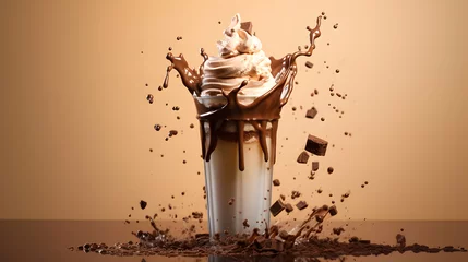 Poster Chocolate dessert, cold milkshake splash on dark studio background. Explosion of flavor. White cream on the top. Dessert poster idea. Generative AI. © pawczar