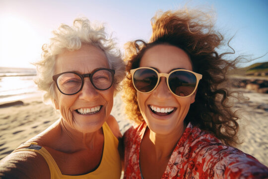 Selfie of mother and grandmother at the beach - happy mothers day