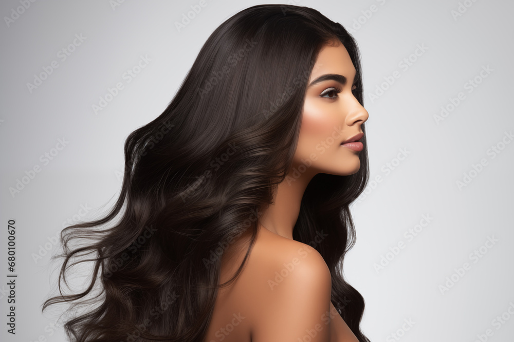 Sticker profile portrait of beautiful brunette indian woman with long and shiny hair on the grey background