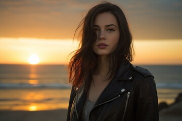 Portrait of a glad woman in her 20s sporting a classic leather jacket against a beautiful beach sunset. AI Generation