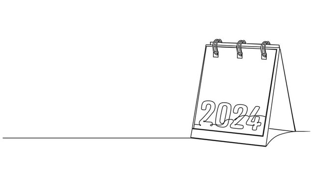 animated continuous single line drawing of year 2024 tear-off calendar, line art animation