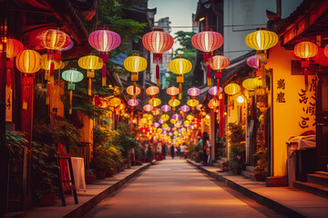 Chinese New Year street scene, Chinese New Year celebration. Chinese paper lanterns, Chinatown...