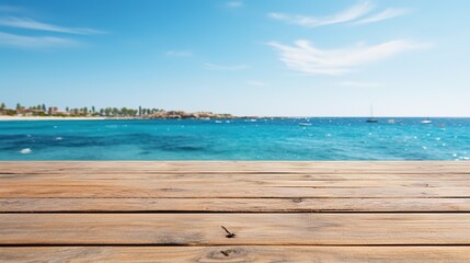 Fototapeta premium Wooden table top on sea background - can be used for display or montage your products