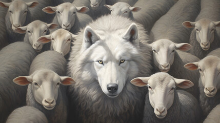 A wolf masquerading as a sheep. Wolf in sheep's clothing concept. Playing a role contrary to their real character with whom contact is dangerous