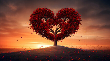 Red heart shaped tree at sunset, valentine's day template banner, seasonal wallpaper, generative ai