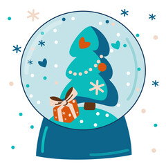 christmas green tree in snow globe vector picture 