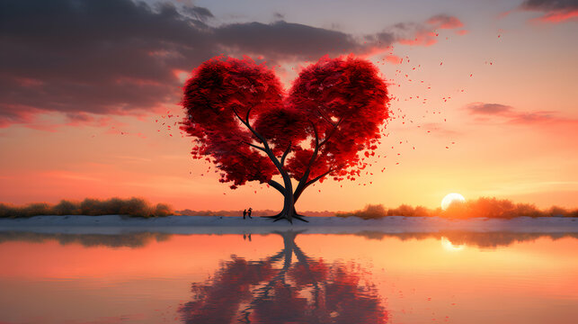 Red heart shaped tree at sunset, valentine's day template banner, seasonal wallpaper, generative ai