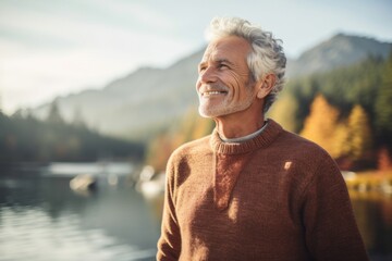 Fototapeta premium Portrait of a blissful man in his 80s wearing a cozy sweater against a serene lakeside view. AI Generation