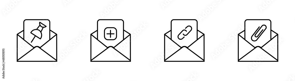 Poster attach file icon set. add symbol set of pins, pluses, clips, chains and clips. file interface elemen