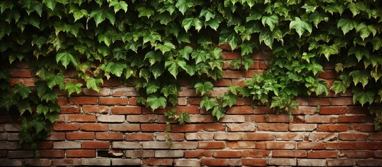 Old brick wall with green ivy leaves. Vintage brick wall background