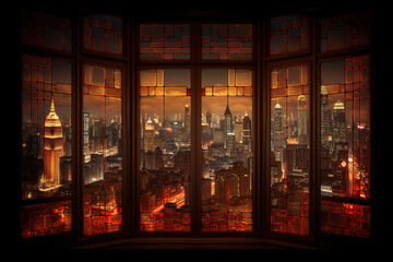Broken window overlooking the city at night. Generative Ai