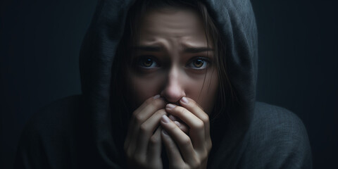 portrait of a frightened young woman - obrazy, fototapety, plakaty