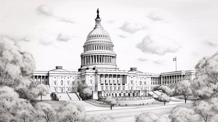 Drawing of Washington with landmark and popular for tourist attractions - obrazy, fototapety, plakaty